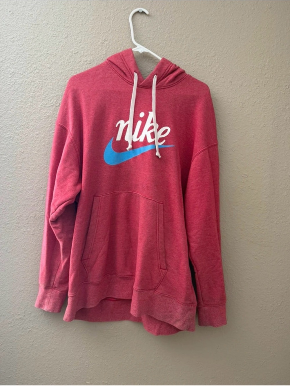 Nike Men’s Coral Pink Hoodie with Blue Swoosh